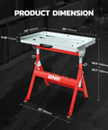 Beefy Carbon Steel Welding Table With A Spacious 29.5 Inch By 19.3 Inch Surface, 400 Pound Load Capacity, Adjustable Angle And Height, Portable Work Bench With Two Fixed Wheels For Easy Mobility And Stable Welds, shown with measurements and red finish.