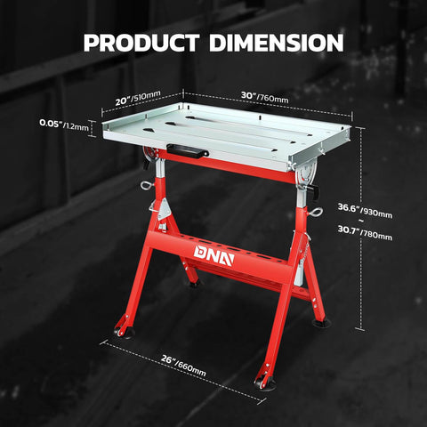 Beefy Carbon Steel Welding Table With A Spacious 29.5 Inch By 19.3 Inch Surface, 400 Pound Load Capacity, Adjustable Angle And Height, Portable Work Bench With Two Fixed Wheels For Easy Mobility And Stable Welds, shown with measurements and red finish.