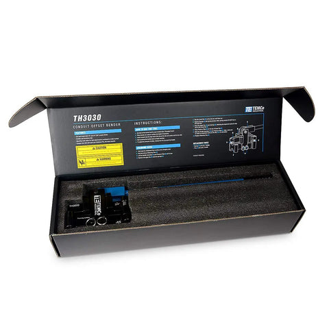 Open box showing Dual Size Conduit Offset Bender 2 In 1 For Half Inch And Three Quarter Inch EMT with instructions and packaging.