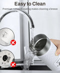 4 In 1 Electric Milk Frother And Warmer For Lattes And Cappuccinos being cleaned under running water, white finish.