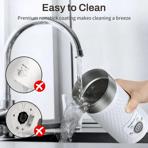 4 In 1 Electric Milk Frother And Warmer For Lattes And Cappuccinos being cleaned under running water, white finish.