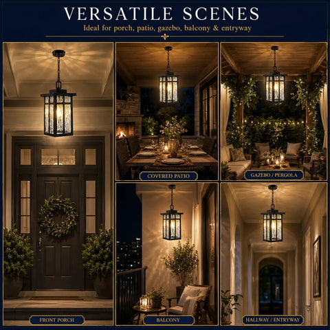 Top Shelf Black Outdoor Pendant Light For Porch With Water Ripple Glass Panels And Sleek Square Metal Frame Weatherproof Exterior Hanging Lantern Real Deal Farmhouse Glow Quick Setup in diverse outdoor settings.