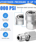 Front view of a 4-pack 3/8-inch stainless steel pressure washer quick-connect fittings with male and female threads