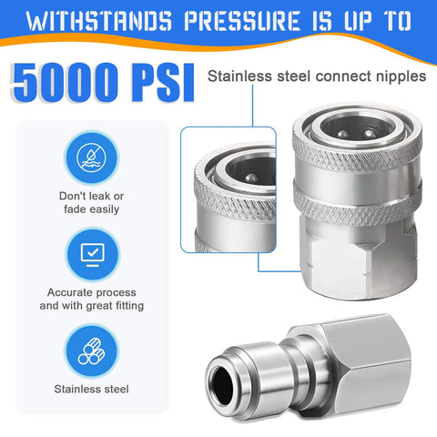 Front view of a 4-pack 3/8-inch stainless steel pressure washer quick-connect fittings with male and female threads