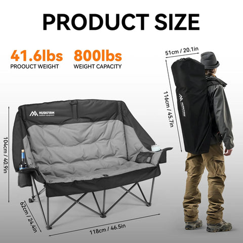 Two Person Low Seat Camping Couch Fully Padded Oversized Loveseat For Adults With Cup Holders And Carry Bag 650 Lb Capacity Black