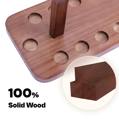 Close-up of wood base on wood floor standing fishing rod storage rack for garage holds up to fourteen rods or combos.