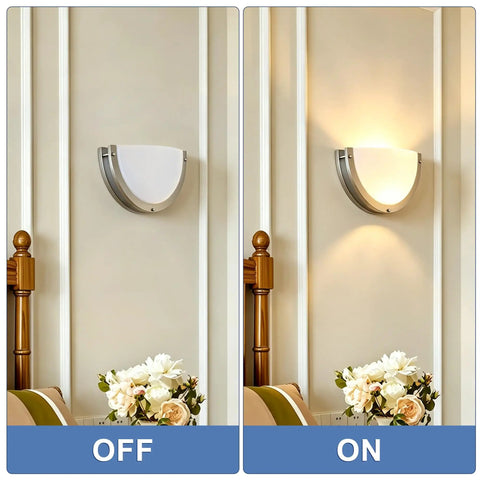 Lifora Hay 2-Light Indoor Wall Sconce 16 inch, Half Moon Wall Light Fixture displayed on a wall, both off and on settings.