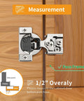 10 Pack Half Inch Overlay 4D Soft Close Concealed Cabinet Hinges for face frame doors shown installed on wood cabinet with measurement guide
