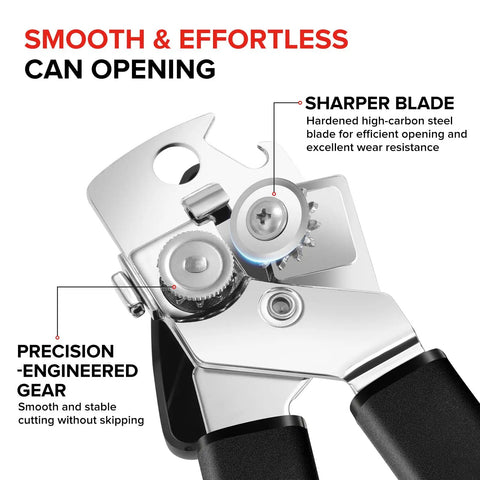 Close-up of Easy Turn Manual Can Opener With Comfy Grip From Marswell, showing sharper blade and ergonomic handle.