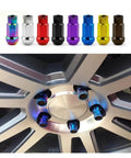 Custom Ride Upgrade Wheel Hub Screws And Hexagonal Bolts M12x1.5 lightweight racing hardware in various colors on a wheel.