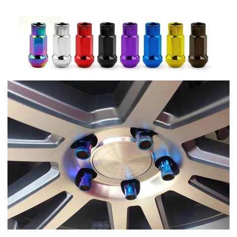 Custom Ride Upgrade Wheel Hub Screws And Hexagonal Bolts M12x1.5 lightweight racing hardware in various colors on a wheel.