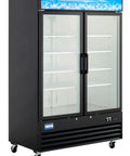 Heavy Duty Two Door Merchandising Freezer Featuring Slick Black Panels And A Generous 53 Inch Profile with dual pane glass doors and mobile casters.