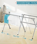 Straight Up Heavy Duty Clothes Drying Rack With Windproof Hooks Foldable Stainless Steel Laundry Stand for Indoor Outdoor Use, extendable design.