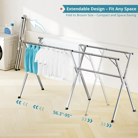 Straight Up Heavy Duty Clothes Drying Rack With Windproof Hooks Foldable Stainless Steel Laundry Stand for Indoor Outdoor Use, extendable design.