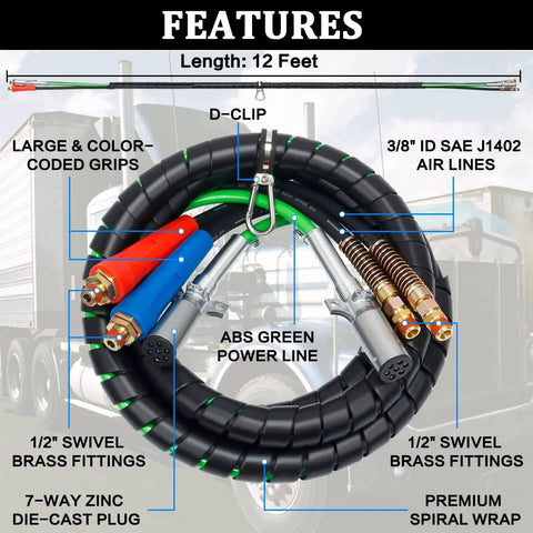 12ft 3 In 1 ABS Power Air Line Hose With Glad Hands And 4 Glad Hand Seals For Tractor Trailer Semi Truck Heavy Duty Air Brake Line Kit For Trucking Hauling shown with features labeled