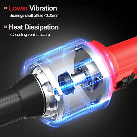 Close-up of Beefy Electric Die Grinder With One Quarter Inch Collet, Variable Speed Corded Power Grinder showing internal gearing and features for lower vibration and heat dissipation.