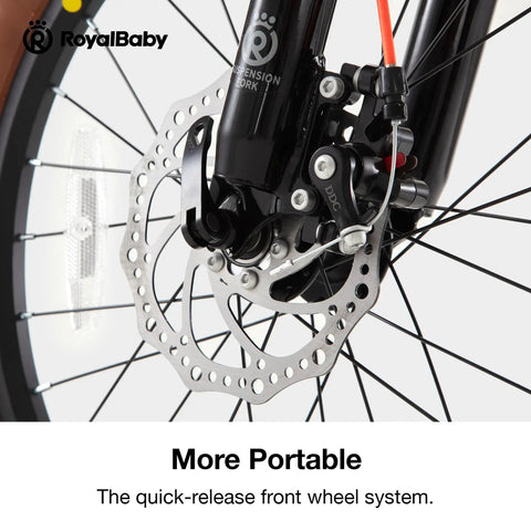 Close-up of disc brake on Kids Mountain Bike 20 Inch Aluminum Frame With 7 Speed Gears, Suspension Fork, Lightweight Ride