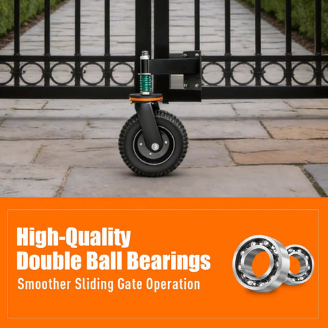 Heavy Duty 8 Inch Gate Wheels Rock Solid 360 Swivel Casters Built Tough Spring Loaded Suspension Rust Proof Fence Rollers 800 Lbs Capacity For Wood Or Steel Pipe Yard Gates Runs Smooth As Butter mounted on a gate.
