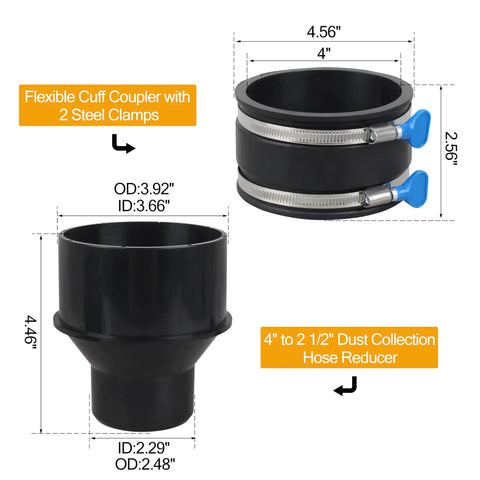 4 Inch To Two And A Half Inch Dust Collection Hose Reducer With Flexible 4 Inch Cuff And Dust Control, Stainless Steel Clamps