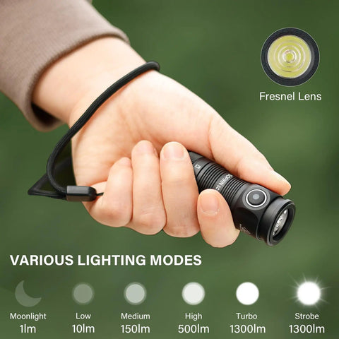 Hand holding Tiny But Mighty EDC Flashlight Rechargeable 1300 Lumens, Pocket Size, keychain friendly, with lighting modes displayed.