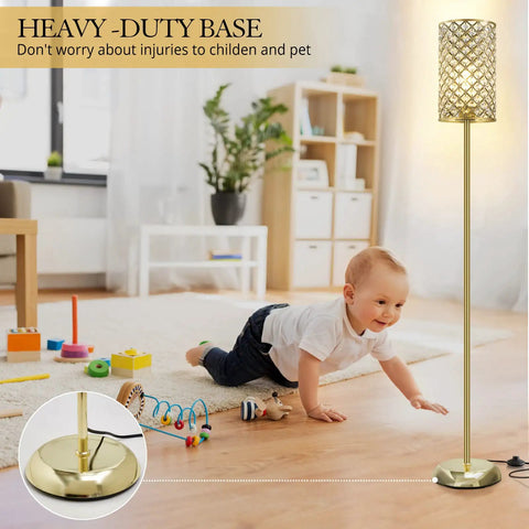 Gold Crystal Floor Lamp With On Off Foot Switch in living room, elegant design with crystal shade, sturdy 7 lb base, toddler nearby.