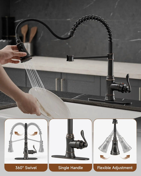Oil Rubbed Bronze Kitchen Sink Faucet With Pull Down Sprayer, 3 Spray Modes, Solid Brass Single Handle in use washing dishes