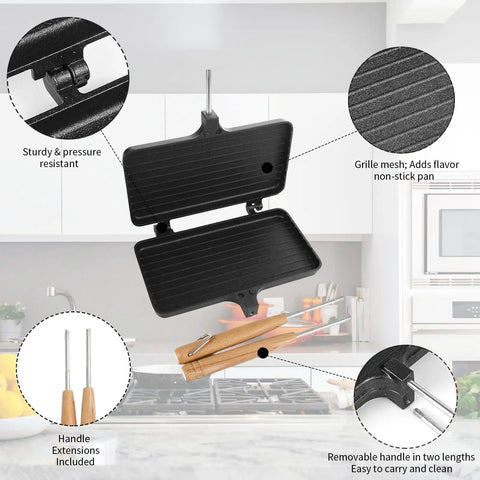 Oukens Non Stick Cast Iron Double Pie Iron Portable Campfire Press With Removable Handles For Grill Stove Mountain Cooking Adventure Gear showing durable non-stick surface and removable handles.