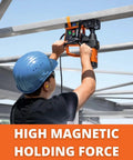 Using Magnetic Base Drill With Motion Sensor And Internal Cooling, 1200W Power, 1-1/4 Inch HSS Cutter for overhead metalwork.