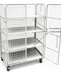 Hella Sturdy Foldable Warehouse Trolley With Reinforced Mesh Cargo Cage And Double Access Doors Commercial Rolling Utility Cart showing detachable partition and shelves.