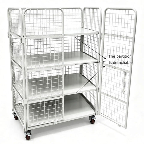 Hella Sturdy Foldable Warehouse Trolley With Reinforced Mesh Cargo Cage And Double Access Doors Commercial Rolling Utility Cart showing detachable partition and shelves.