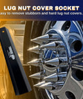 Beefy Heavy Duty Lug Nut Cover Remover Socket 33 mm for Semi Trucks next to a chrome spiked wheel, 11 inch length, universal fit.