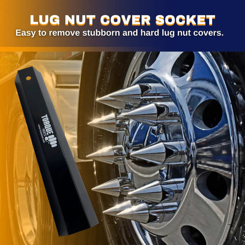 Beefy Heavy Duty Lug Nut Cover Remover Socket 33 mm for Semi Trucks next to a chrome spiked wheel, 11 inch length, universal fit.