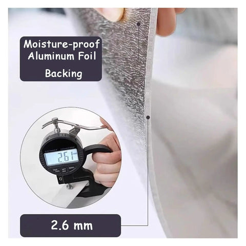 Premium 3D Peel And Stick Wallpaper Roll With A Knockout White Brick Look XPE Backing showing moisture-proof aluminum foil backing 2.6 mm thick.