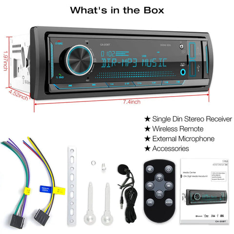 Marine Bluetooth Car Stereo Receiver With Digital LCD Display FM AM Radio USB SD AUX MP3 Player 2A Quick Charge App Remote Hands Free Calling With Built In Microphone package contents including stereo, remote, microphone and cables