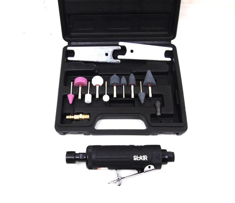 Top Tier 16 Piece Air Straight Die Grinder Kit Generating 22000 Rpm Ball Bearing Power Through Quarter Inch Npt Inlet Featuring Featherweight Alloy Construction And Quarter Plus Eighth Inch Collets For Legit Auto Shop Tasks with various bits in storage case.