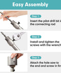 Infographic guide for 9-piece masonry hole saw kit assembly with pilot drill, screws, and hole saw.