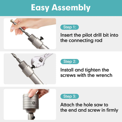Infographic guide for 9-piece masonry hole saw kit assembly with pilot drill, screws, and hole saw.