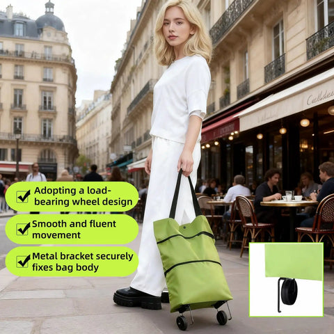 Person holding 2-In-1 Foldable Shopping Cart With Wheels, Waterproof Oxford Fabric Tote Hand Truck in urban setting