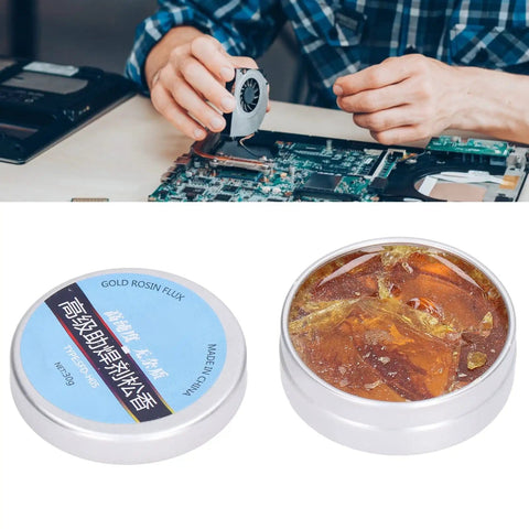 High Purity Rosin Soldering Flux Paste for Electronics No Clean 30g Low Smoke No Mess Works Like a Charm next to open circuit board