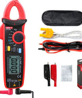 Compact Digital Clamp Meter 200A True RMS AC DC Current Tester with accessories and packaging.