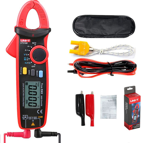 Compact Digital Clamp Meter 200A True RMS AC DC Current Tester with accessories and packaging.