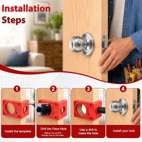 Installation steps for Heavy Duty Aluminum Alloy Door Hinge Jig And Lock Latch Installation Kit for drilling and locking.
