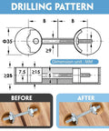 Diagram of DIY Friendly Countertop Miter Bolt Kit 5 Pack M8x100mm Draw Bolt Connector with before and after installation views