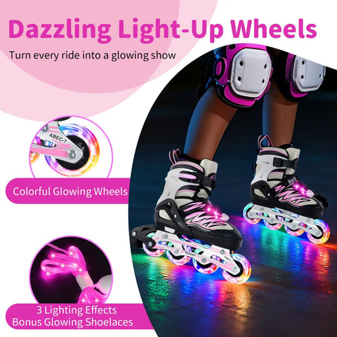 Light Up Inline Skates With Battery Free Illuminated Wheels And Luminous Shoelaces Four Size Adjustable For Kids Ages 5 To 12 Boys And Girls Beginner Indoor And Outdoor Roller Blades For Youth And Women