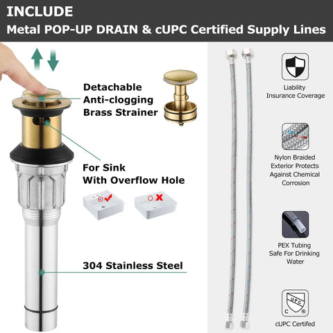 Metal pop-up drain and cUPC-certified supply lines of Widespread Double-Handle Bathroom Faucet In Brushed Nickel With Metal Pop Up Drain, CUPC-Approved Supply Lines, Easy Install Quick-Connect Hose, Fits 6 To 12 Inch Center Spacing, Demeter 13651, detailing stainless steel construction and anti-clogging brass strainer for sinks with overflow holes.