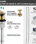 Components of Brushed Gold Widespread Bathroom Faucet With Double Handles, Pop Up Drain And cUPC Supply Lines, Easy Install