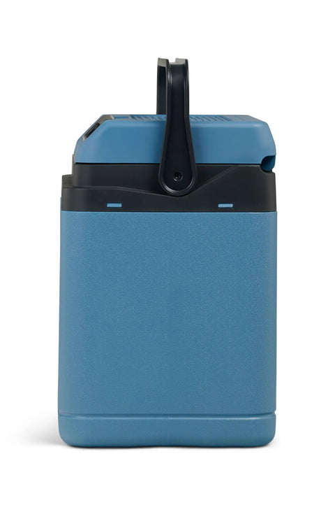 Hella Chill Thermoelectric Cooler And Warmer with secure handle and durable blue exterior for road trips and camping.