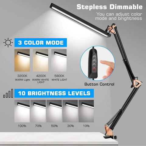 Metal Swing Arm Led Desk Lamp With Clamp Eye Caring Architect Desk Light Dimmable With 3 Color Modes And 10 Brightness Levels