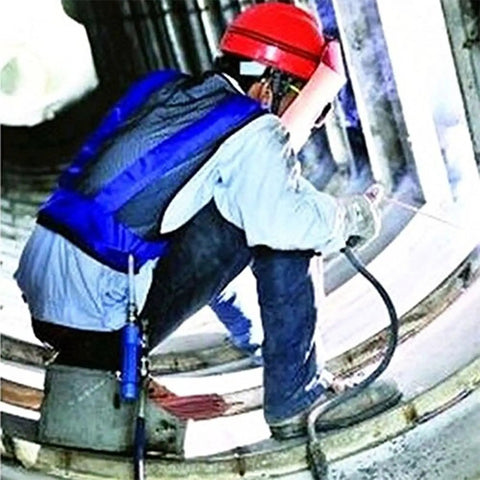 Szydd Cooling Vest Accessory With Belt And Connector For Work And Welding worn by worker during welding in industrial setting.