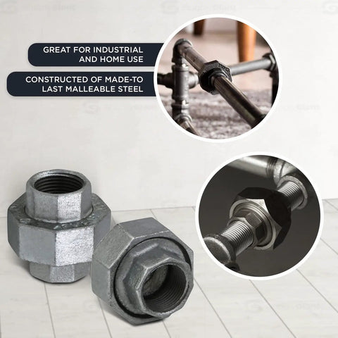 1-1/2 Inch Galvanized Malleable Iron Straight Union With Female Threaded Ends, 150 Lb Rating, Heavy Duty Pipe Fitting For Plumbing, UL ULC FM Approved on threaded pipe ends
